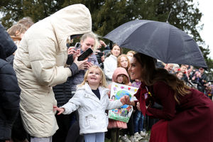 The Princess of Wales greets children as she arrives to visit the Oriel Davies art gallery in Newtown to see a project supporting the wellbeing of the children and young people in the local area, ahead of St David's Day