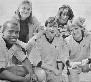 From the East End to Bridgnorth: In May 1988 an EastEnders football team took on a Bridgnorth XI in a charity football match as part of the Bridgnorth Festival. Match organisers Katie Parker (left) and Christine Richards with EastEnders players, from left, Gary McDonald, Nick Berry, and Michael Webster. 