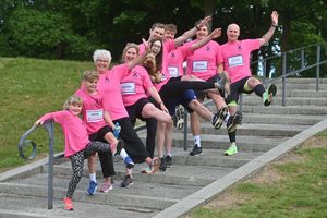 Ted the dog with Evie and Finley Strange, Christina Marshall-Clarke, Tina Strange, Ella White, Joe Thompson, Jake Thompson, Ben Turner and Paul Strange from Shrewsbury.