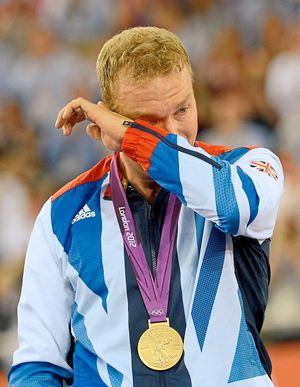 Sir Chris Hoy becomes emotional as he celebrates winning Gold in the Men's Keirin Final