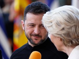 European Commission President Ursula von der Leyen with Close-up of Ukrainian President Volodymyr Zelensky