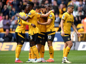Matheus Cunha celebrates his goal during Wolves' clash with Leicester City  (Photo by Joe Prior/Getty Images)