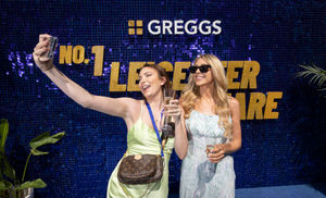 Bryony Morganna and Kate Ovens at the opening of the new flagship Greggs shop on Leicester Square, London