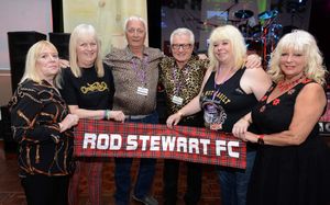 L-R: Maggie May, Jane Mellor, John Clayton, Mel Almond, Ellie Hudson and Gill Westergren from Lancashire at the annual Sir Rod Stewart Fan Club bash