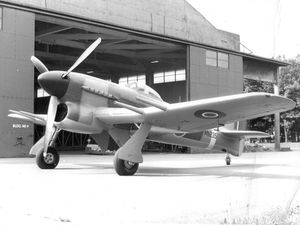 A Hawker Typhoon aircraft after it was restored at RAF Shawbury in 1968.