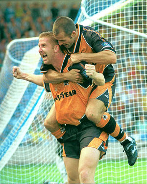 Iwan Roberts celebrates his third goal in that 1996 triumph