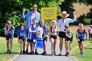 Much Wenlock , Gaskell Recreation ground and in the town, the Wenlock Olympians held there annual event which included a mile run this year.  Bobsleigh Olympian (lives in Shifnal) Stu Benson and originator of the mile race: Coach: Camilla Stewart get ready to set the first mile race off.