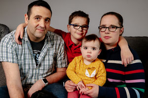 The Childs family at home in Ludlow. Pictured are father Darren, son Harry, daughter Myla and mother Cally, with Freddie the dog