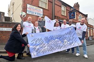 Ready for kick off! Tracy Price and Georgie Jones, then L-R: John Mills, Janet Mills, Matthew Neath, Gary Tilyard, Stephen Price and Errol Thompson.