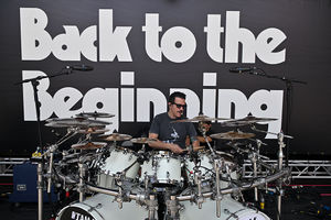 Charlie Benante of US rock band Anthrax plays the drums as preparations continue on the eve of British rock band, Black Sabbath's "Back to the Beginning" concert, Ozzy Osbourne's final ever gig as Black Sabbath's frontman at Villa Park in Birmingham, central England on July 4, 2025. Osbourne, who revealed in 2020 that he has Parkinson's disease, will join Tony Iommi, Geezer Butler and Bill Ward for the all-day "Back To The Beginning" show in Birmingham, central England, where the heavy metal giants formed in 1968. (Photo by ANDY BUCHANAN / AFP) (Photo by ANDY BUCHANAN/AFP via Getty Images)          