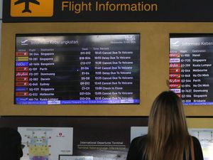 A passenger checks a flight information board