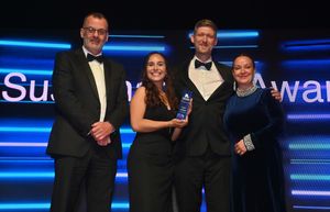 Sustainability Award presented by E&S editor-in-chief Mark Drew to winners - Phebe Hankins, Alex Dunham and Debra Glover of Dudley-based Iron & Velvet
