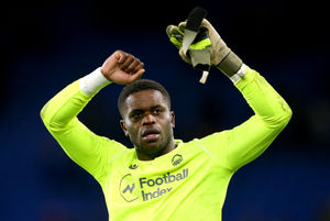 Nottingham Forest goalkeeper Brice Samba celebrates the result at the end of the Sky Bet Championship match at Cardiff City Stadium.