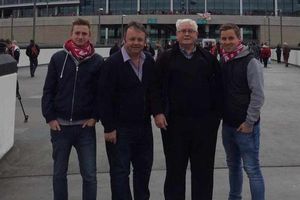 From left to right: Owen Richards, Adrian Evans, Patrick 'Charles' Evans, and Joel Richards, visit Wembley for Walsall's historic trip