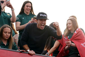 Wrexham Co-Owner, Rob McElhenney, celebrates during a victory parade in Wrexham