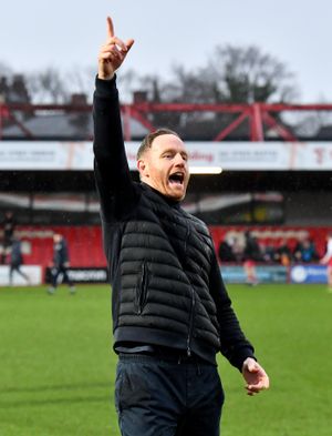 Gavin Cowan celebrates Shrewsbury Town’s victory over Accrington Stanley
