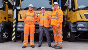 Ian Freestone, Councillor David Williams and Steve Hussey with a gritter in Staffordshire