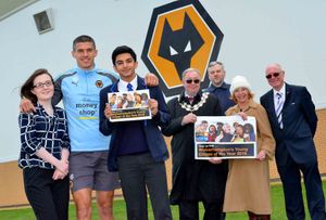 Conor Coady with Amy Nicholas and Darram Koomer. At the back is Deputy Mayor Phil Page, the Deputy Mayoress Elaine Hadley-Howell; Peter Madeley and Rotarian Roger Timbrell.