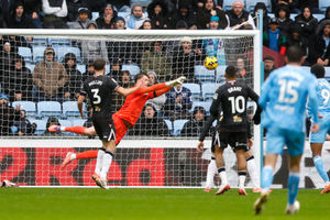 Josh Griffiths forced into a flying first-half save. (Photo by Adam Fradgley/West Bromwich Albion FC via Getty Images)