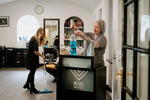 Jade Beckwith and Sarah Morris from Meraki Hair and Beauty in The Parade Shopping Centre, Shrewsbury. They were preparing their salon, as at the moment, they are not official allowed to open.