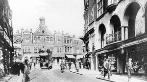 A tram in Wolverhampton centre, with the Empire Palace in the background, possibly 1913