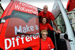 Steve Bull backs the fostering bus campaign aiming to recruit more foster carers, with councillor Val Gibson and carer Jackie Bennett MBE