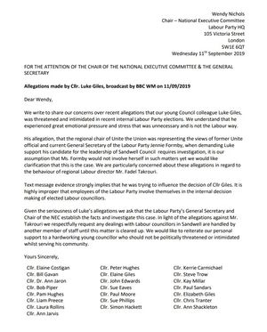 The letter sent to Jennie Formby