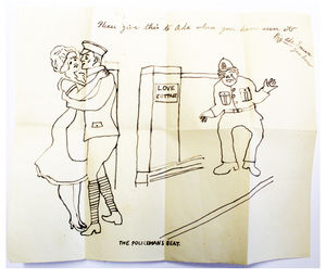 Cartoon by Private George Harding, showing him embracing his sweetheart, Ada.