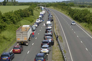 Drivers park their vehicles on the carriageway of the A5 westbound, as traffic comes to a complete standstill