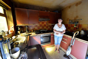 In the smoke damaged kitchen