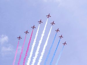 The Red Arrows fly above Horse Guards Parade in London during a VE Day parade