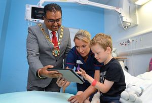 The mayor with ward manager Lisa Gilks and Finley Evans at the Princess Royal Hospital