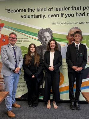 Sarah Coombes MP with Principal Adrian Price and students at George Salter Academy