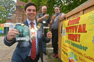 Mayor of Shrewsbury Alex Wagner (front) with festival organiser organiser Dave Ricketts (back left) and Chair of Shropshire Council Duncan Borrowman