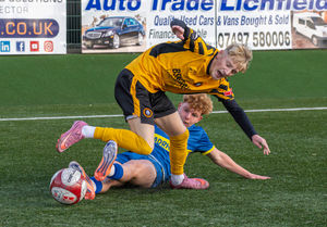 Rushall Olympic vs Spalding Utd Oct 4th 2025, FA Trophy. Max Lott loses out to a slider.