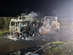 The destroyed horsebox after the fire at Libanus