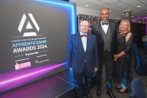 BUSINESS COPYRIGHT NATIONAL WORLD TIM STURGESS 13/11/24.  Ladder for the Black Country  Apprentice Awards 2024 .The Richardson Suite at West Bromwich Football Club. Pictured, Tim Carver, Kevin Davis, Justine Johnson.