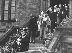 1952: The Queen and Prince Philip leaving Shrewsbury Castle with the Mayor of Shrewsbury, Colonel J.M. West, and the Mayoress