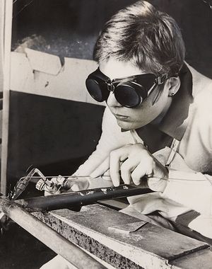 Great Wyrley County Secondary School, October 1969: 'Fourteen-year-old Allison Roberts works with 18 boys - and she certainly knows how to make the sparks fly. But they're all friends together, for Allison is the first fourth-year girl at her school to tackle the man's job of gas welding.' 