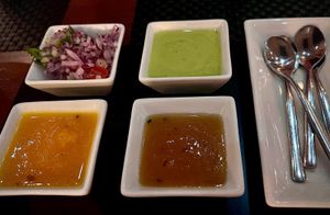 Mint yoghurt, mango chutney, pineapple chutney, and onion salad