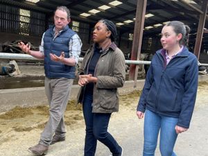 Conservative Party leader Kemi Badenoch with members of the Jackson family during a visit to Fairview Farm