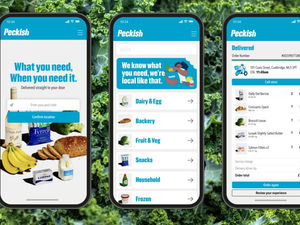 The Peckish app displayed on three smartphones sitting side by side