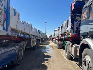 View of queues of lorries on a road