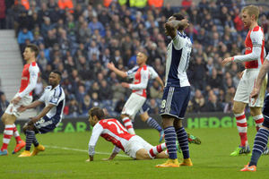 Saido Berahino of West Bromwich Albion puts his hands on his head as he watches his shot at goal bounce off the bar