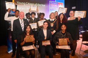 Awards chairman Roger Timbrell and Mayor Linda Leach with finalists and winners. Front are winners: Sienna Ahir, Jude Aston, Sachi Bhambra, and back are finalists: Reon Abrams, Ouskh Dampha, Ellis Lees-Griffiths, Oluwatimilehin James, Hannah Spedding, Kamara Brown and Shawna Gibbs