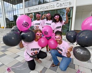 Members of the Health Equity Alliance #BBM, who are on a mission to get more black women to take up swimming and also have regular breast screening. The initiative is taking place at Sandwell Aquatics Centre.