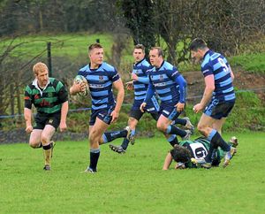Market Drayton RFC (Green) v Shrewsbury (Blue) at Greenfields, Market Drayton. Jamie Clare with  the ball for Shrewbury. 