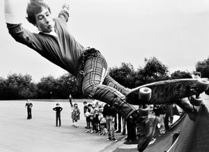 High-flying skateboarder Mervyn Thomas (14), of Springfield, Shrewsbury, gives an impromptu demonstration of his skills at Shrewsbury Skateboard Park' , August 15, 1980