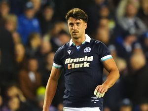 Adam Hastings lines up a penalty against Fiji