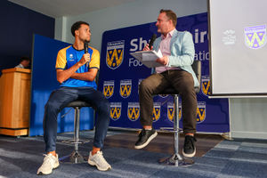 Luca Hoole (left) in a Q&A with Shropshire FA CEO Andy Weston. Photo by Ashley Griffiths - Grifftersworld Photography.